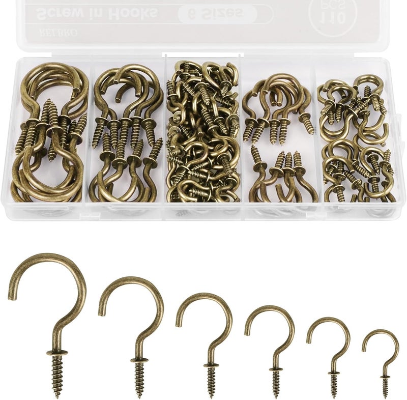 RELBRO Screw Hooks, 6 Sizes Metal Screw in Cup Hooks, 1/2 Inch, 5/8 Inch, 3/4 Inch, 7/8 Inch, 1 Inch, 1-1/4 Inch, Bronze, 110 Pcs - Image 1